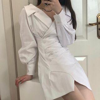Plain Irregular Puff-sleeve Dress White - One Size
