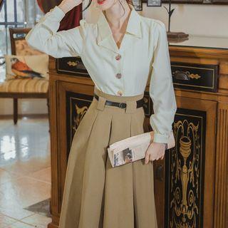 Set: Plain Shirt + A-line Skirt + Belt