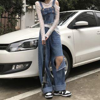 High-waist Distressed Straight Leg Jeans / Denim Vest / Long Sleeve Lace Top