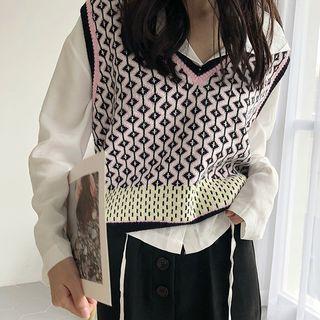V-neck Print Knit Vest