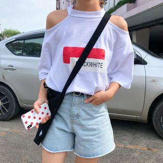 Elbow-sleeve Cold-shoulder Lettering T-shirt