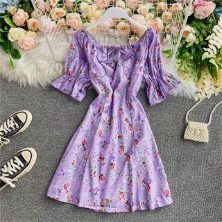 Bow-detail Short-sleeve Floral Print Midi Dress