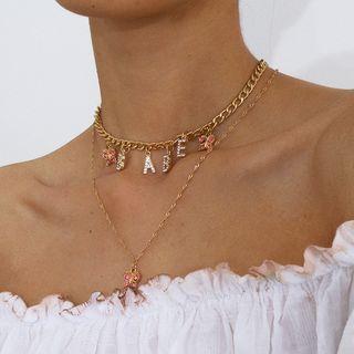 Rhinestone Butterfly Lettering Pendant Layered Choker Necklace 0515 - Gold - One Size