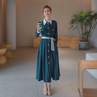 Long-sleeve Tie-waist Single Breasted Shirt Dress