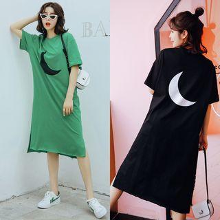 Elbow-sleeve Moon Print Midi Dress
