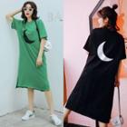 Elbow-sleeve Moon Print Midi Dress