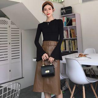 Bell Long-sleeve Top / Faux Leather A-line Skirt