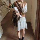 Knit Vest / Long-sleeve Floral A-line Dress