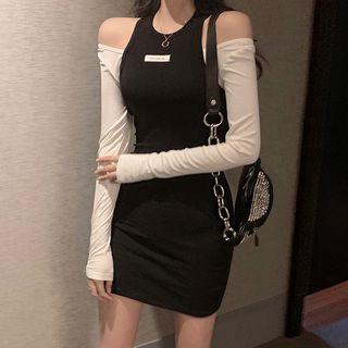 Mock Two-piece Long-sleeve Mini T-shirt Dress As Shown In Figure - One Size