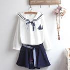 Sailor Collar Embroidered Blouse / A-line Skirt / Set