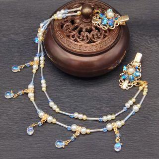 Retro Faux Pearl Layered Headpiece 1pc - Blue & White & Gold - One Size