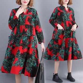 Leaf Print Midi A-line Shirtdress
