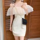 Short-sleeve Off-shoulder Mesh Panel Mini Sheath Dress