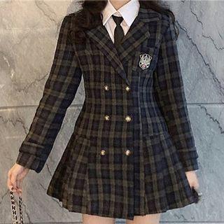 Long-sleeve Double-breasted Woolen Mini Blazer Dress / Plain Shirt
