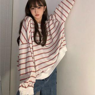 Long-sleeve Striped Sweatshirt Almond - One Size
