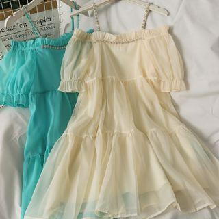 Rhinestone-strap Ruffled-trim Mesh Mini Dress