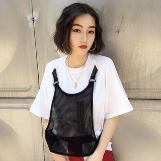 Set: Mesh Panel Elbow Sleeve T-shirt + Zip Front Color Panel Pants