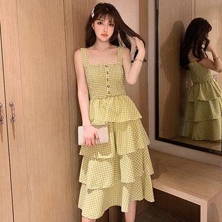 Check Smocked Sleeveless Layered Dress