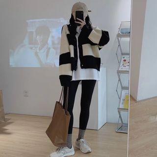 Set: Plain T-shirt + Striped Cardigan + Leggings