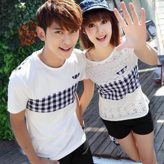 Couple Short-sleeve Gingham Panel T-shirt / Lace Gingham Panel T-shirt