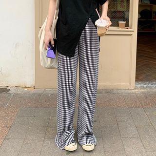 High-waist Wide-leg Plaid Pants Black & White - One Size