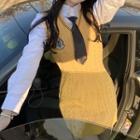 Plain Shirt / Tie / Embroidered Cable-knit Mini Overall Dress / Set