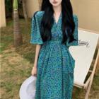 Short-sleeve Floral A-line Midi Dress Blue Floral - Teal - One Size