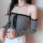 Long-sleeve Off-shoulder Striped Slim-fit Top