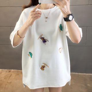 Elbow-sleeve Dinosaur Embroidered Tunic T-shirt