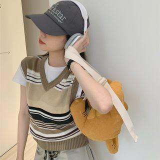 V-neck Striped Cropped Vest Khaki - One Size