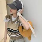 V-neck Striped Cropped Vest Khaki - One Size