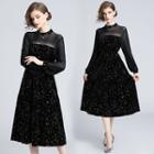 Long-sleeve Star Print Midi A-line Velvet Dress