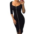 Elbow-sleeve Zip Detail Sheath Dress