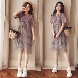 Set: Striped Short-sleeve T-shirt Dress + Mesh Sleeveless A-line Dress