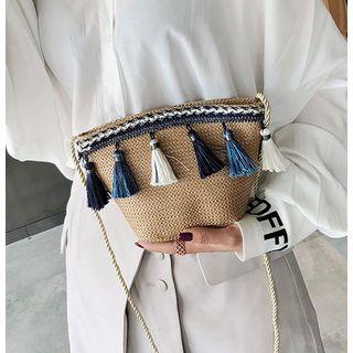 Woven-straw Fringed Bowler Bag