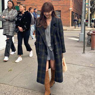 Double-breasted Plaid Long Coat Plaid - Dark Blue & Dark Green - One Size