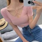 Cross Strap V-neck Short-sleeve Slim-fit Top