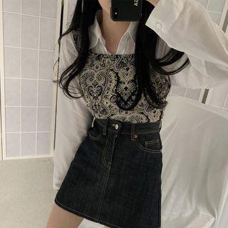 Long Sleeve Plain Shirt / Paisley Printed Cropped Tank Top