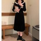 Long-sleeve Velvet Lace Trim Midi Dress Dress - One Size