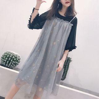 3/4-sleeve Mock Two-piece Mesh Midi A-line Dress