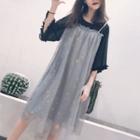 3/4-sleeve Mock Two-piece Mesh Midi A-line Dress