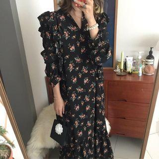 Floral Long-sleeve Midi Dress Black - One Size