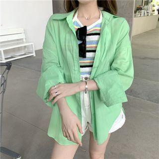 Halter-neck Striped Camisole Top / Plain Shirt / High-waist Denim Shorts