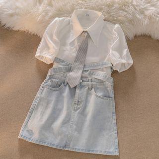 Puff-sleeve Shirt / Striped Neck Tie / Strappy A-line Denim Skirt / Set