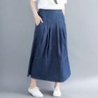 A-line Midi Denim Skirt Navy Blue - One Size