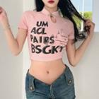 Short-sleeve Lettering Frog-button Crop Top
