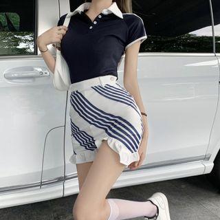 Contrast Collar Polo Shirt / Striped Ruffle Hem Mini Pencil Skort