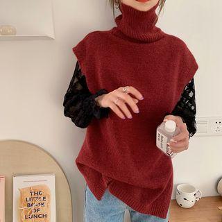Turtle-neck Knit Vest / Long-sleeve Lace Top