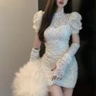Puff-sleeve Lace Mini Bodycon Dress With Arm Sleeves