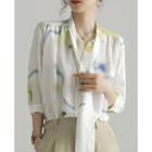 Tie-neck Puff-sleeve Printed Blouse